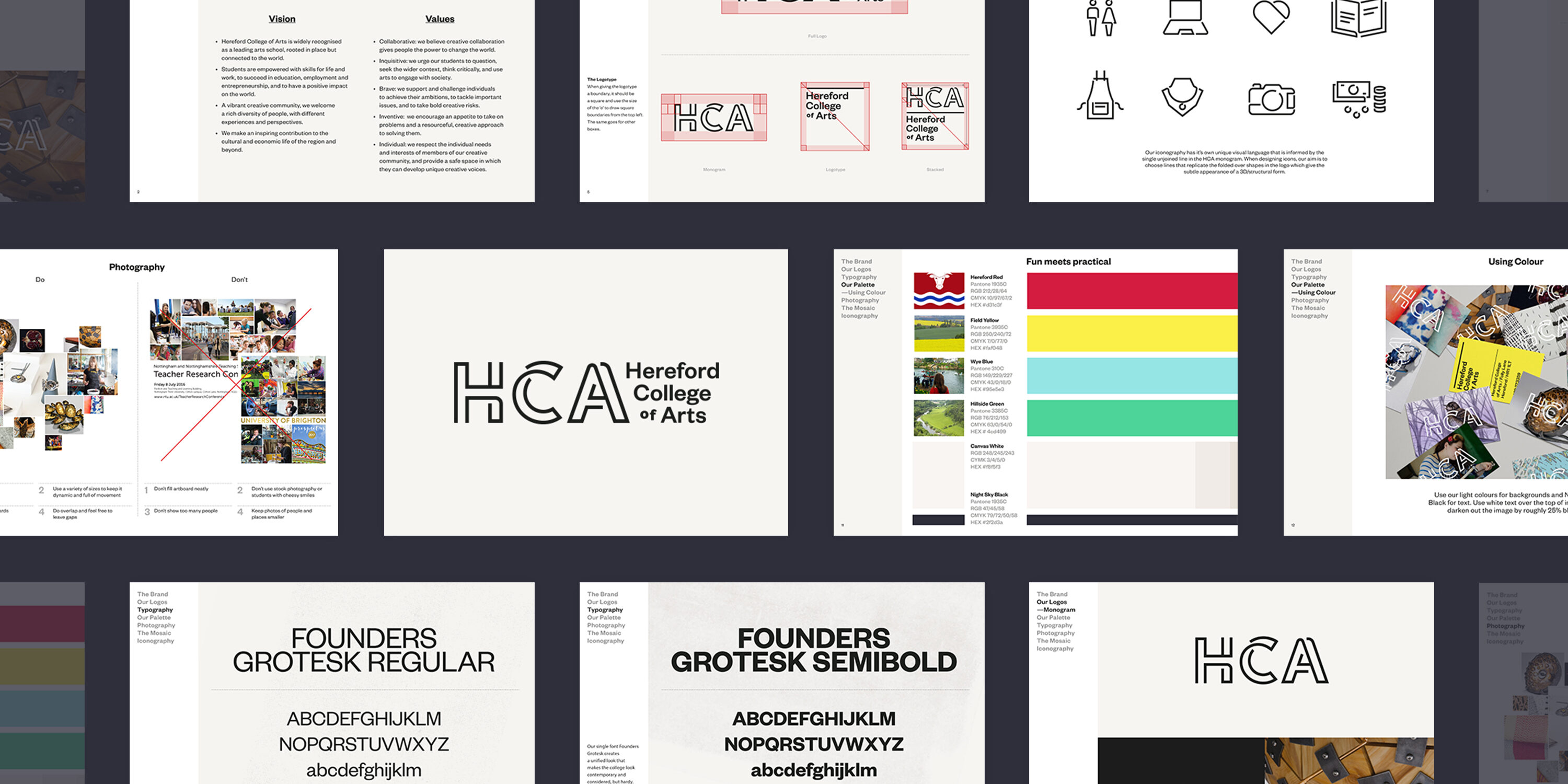 Brand guidelines layout for Hereford College of Arts, including logo usage rules, typography samples, color palette, photography dos and don'ts, iconography, and overall visual identity system