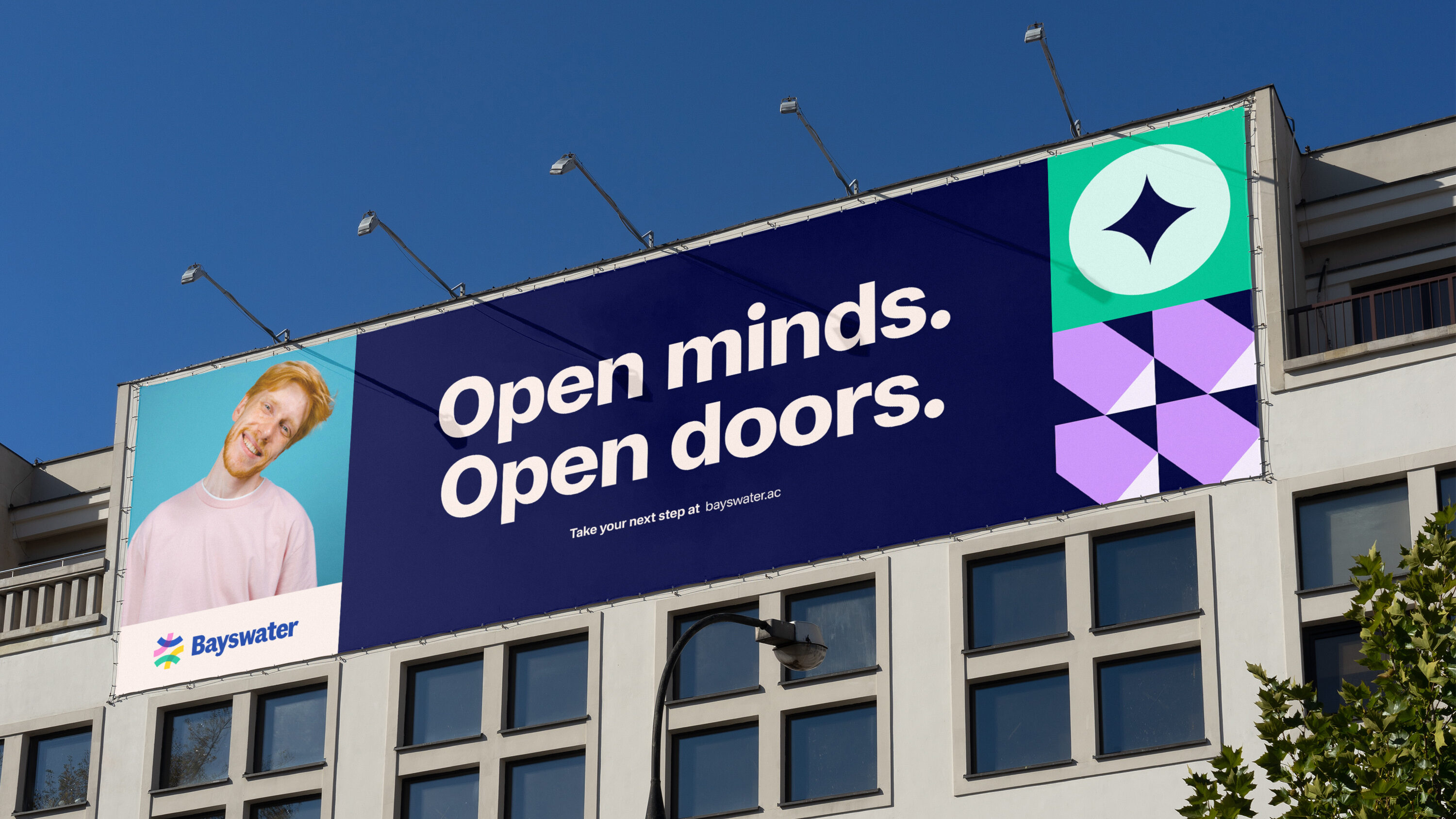 Example of OOH advertising that showcases the new Bayswater brand system. A billboard mock up shows the photography, type, colour and patterns in action.