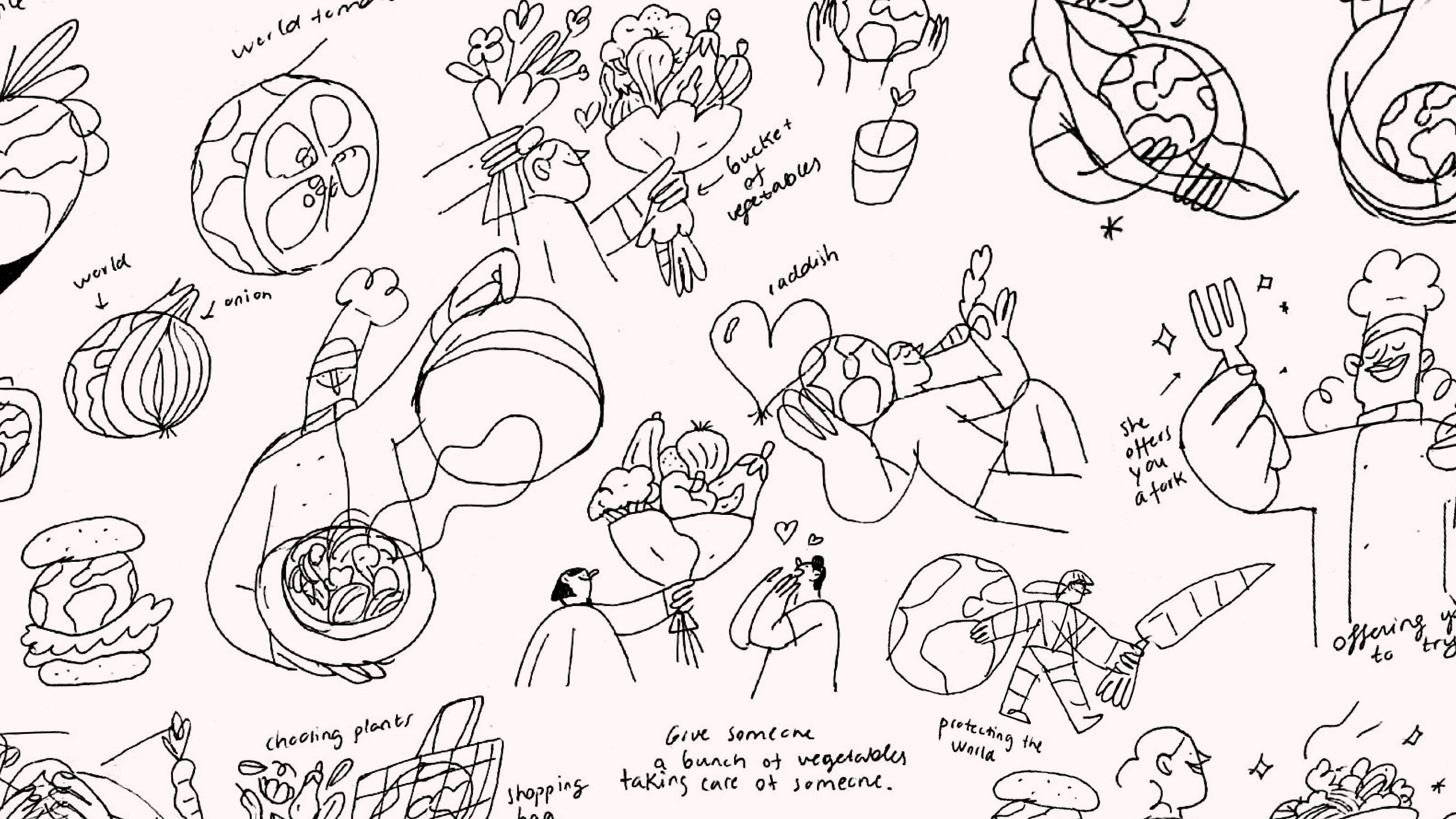 Eat Curious illustration sketches. Image shows a board of multiple sketches exploring the illustrative style for Eat Curious. Black and white.