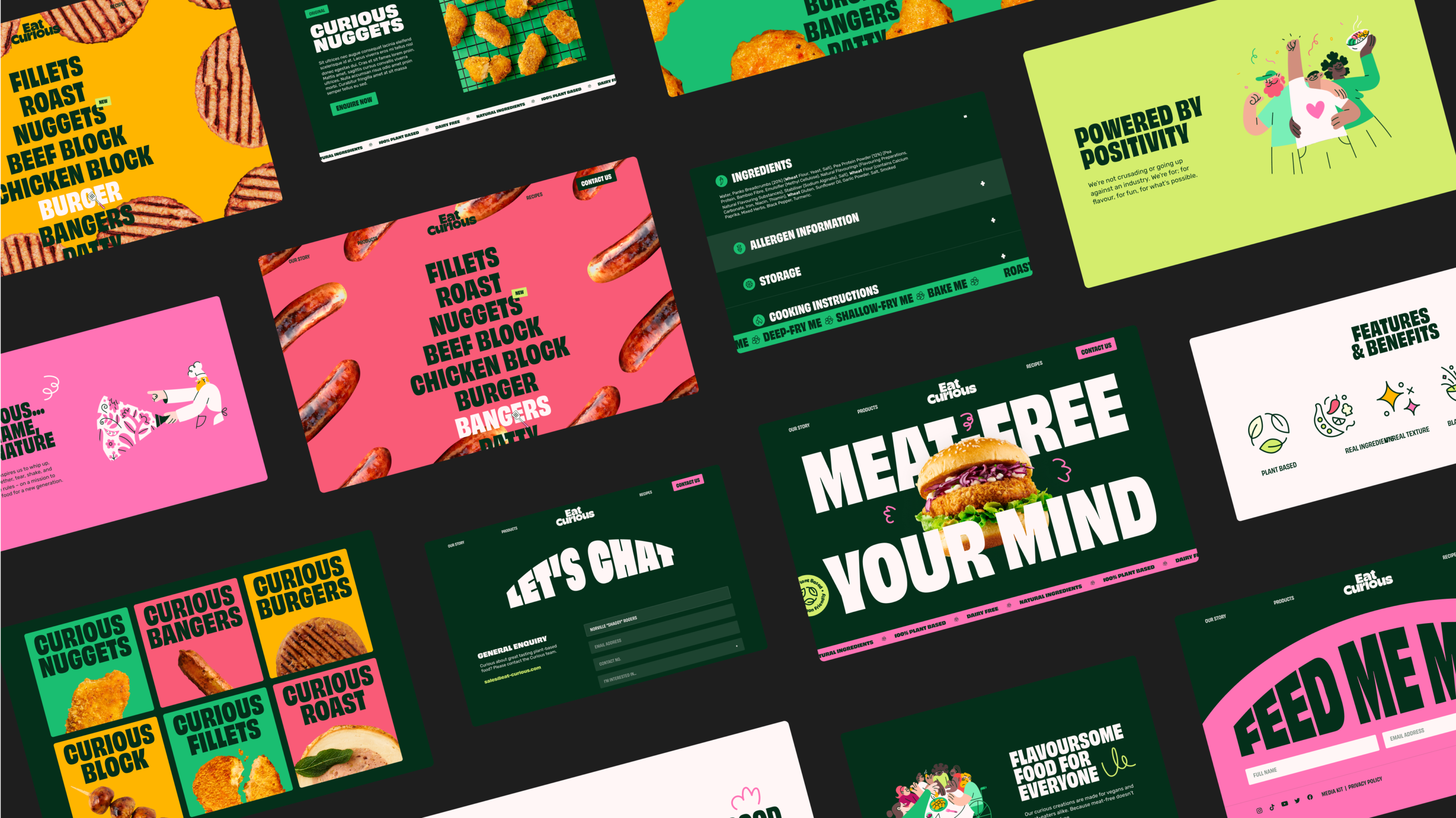 Eat Curious website design overview showcasing multiple UI screens. The layout features bold typography, vibrant colors (pink, yellow, green), and high-quality images of plant-based food products like burgers, sausages, and nuggets. Various sections display ingredient lists, cooking instructions, product benefits, and contact forms. The design uses playful illustrations, large headlines, and a modern, energetic aesthetic.