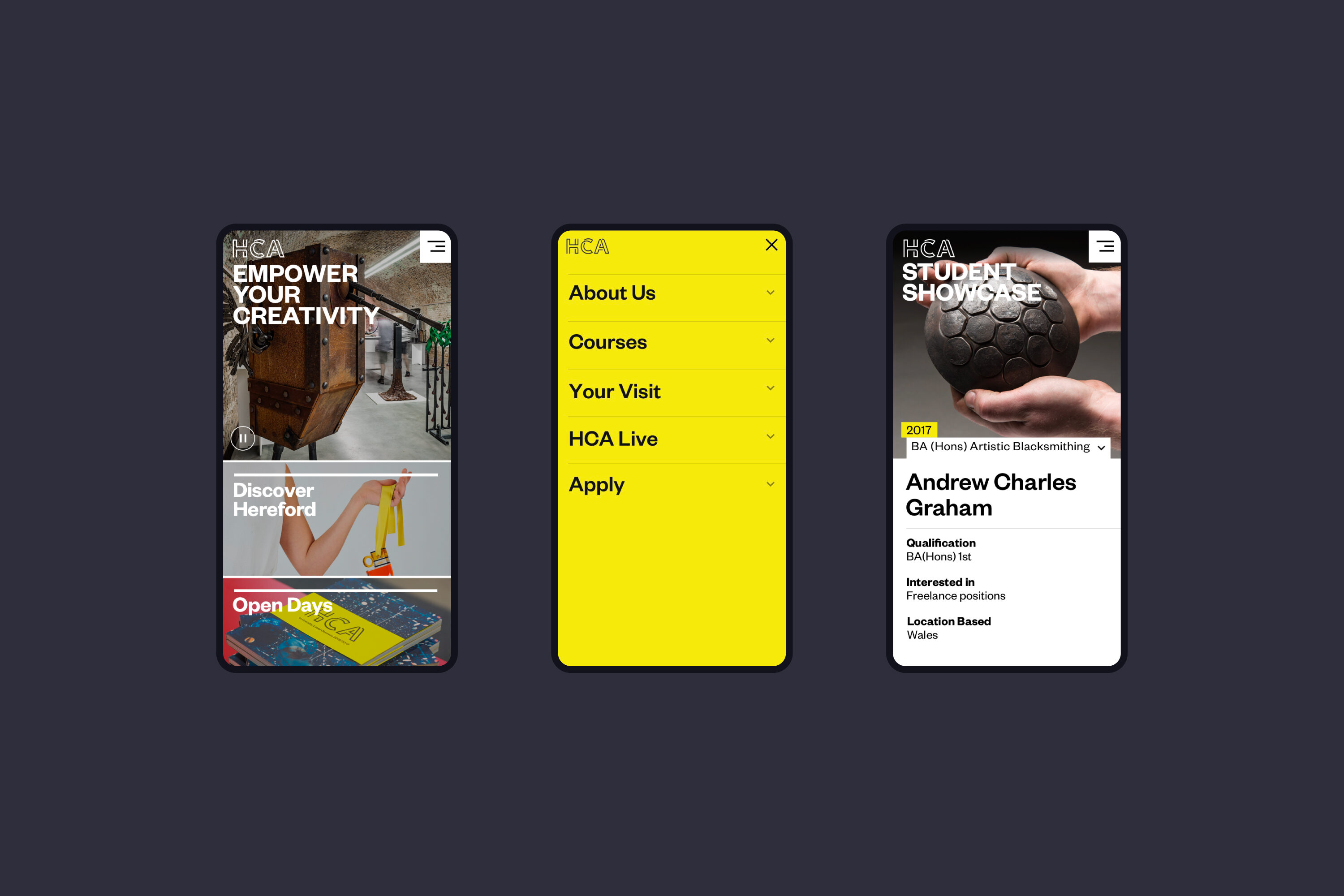 Image is a mockup of Hereford College of Arts website on mobile UI. The designs use bold yellow highlights, images of student work, and clean sans-serif typography.