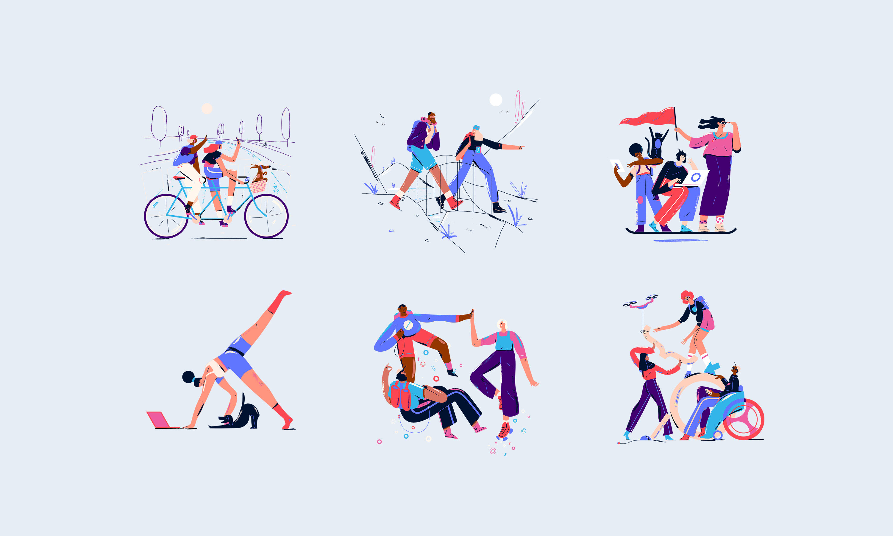 iO Academy illustrations. Six illustrations are shown on a cool grey background. The illustrations feature people doing different activities - cycling in tandem, yoga, walking, or hover-boarding. The illustrations represent all types of people - they have varied hair and skin colours, one person sits in a wheelchair. Their clothing has tones of blue, purple, pink and red. They often interact with each other and are sometimes shown using laptops or tablet devices, with animals or within landscapes. It is a joyful illustrative style, creating a sense of movement and inclusivity.