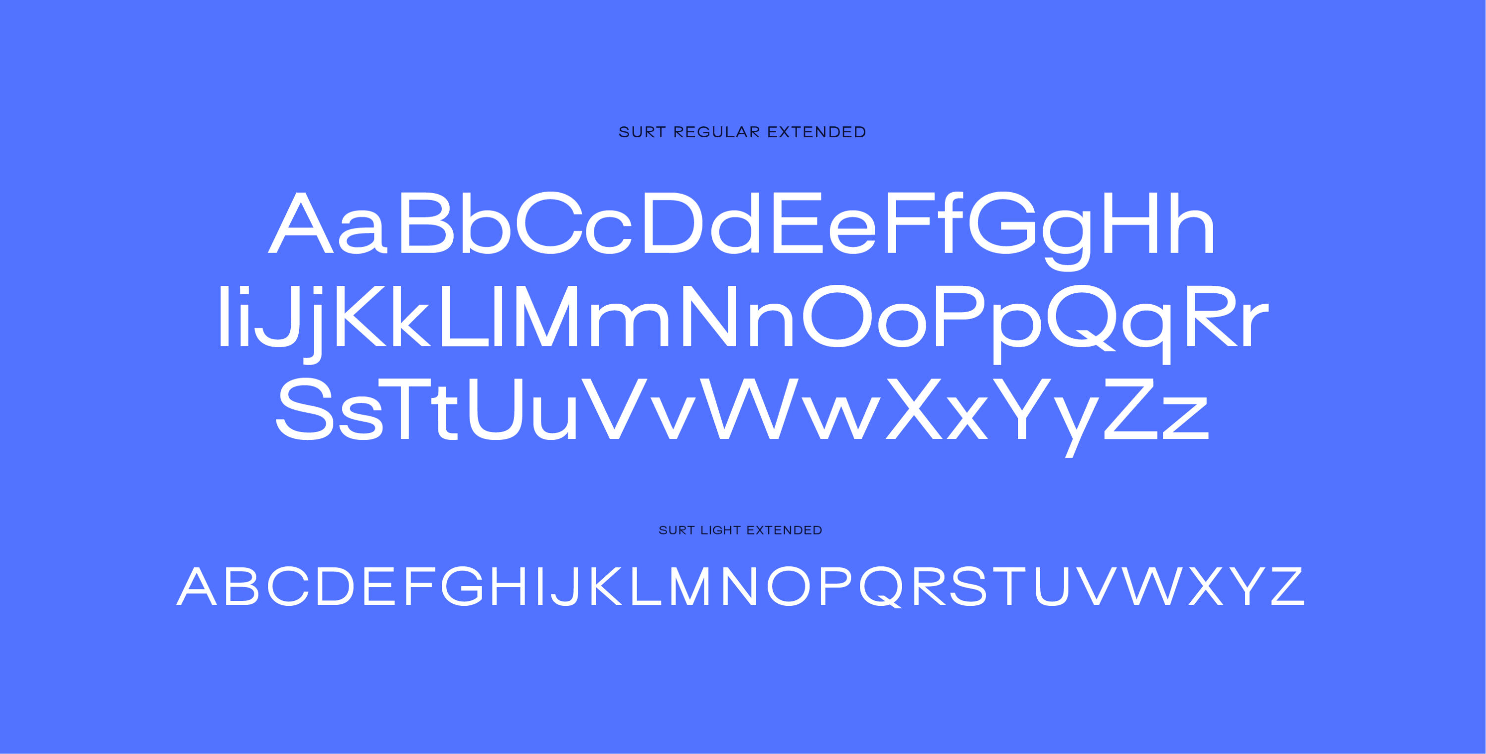 Luxhub typography. The alphabet is written in capital and lower case letters across three lines in the Surt Regular Extended typeface. Underneath this the alphabet is written in all caps across one line in the Surt Light Extended typeface. Each alphabet is in white, the typographic weight (in smaller letters) is in dark blue, all on a blue background.