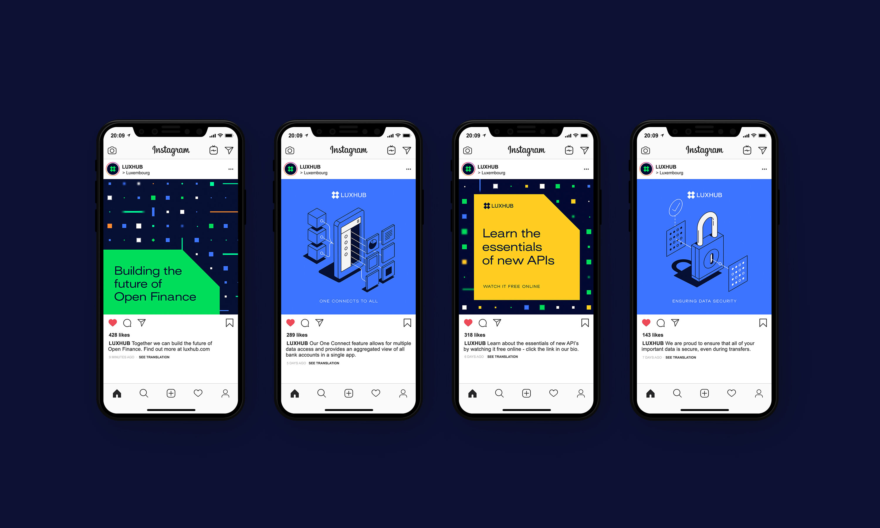 Luxhub iPhone11 Instagram mock up. Four iPhone screens are shown on a dark blue background, each showing a different Instagram post. All screens feature the Instagram user-interface, including logo and app icons. The Luxhub logomark is shown as a small circular icon in the top left corner of each screen. The logomark is represented by a green 'X', created by four squares, all connected in the centre by an interior negative space. Next to this the name Luxhub in all caps text, with 'Luxembourg' underneath. The first and third posts feature scattered different sized white, blue, green, and occasional orange squares, rectangles and dots in a grid-like arrangement on a dark blue background. On top of this is a green or yellow square, with an angular cropped corner. These squares house headline text: 'Building the future of Open Finance' and 'Learn the essentials of new APIs'. The second and fourth posts feature illustrations, consisting of a 3D black and white line-art style - some elements include a shadow and are coloured in white. The first illustration represents the 'One Connect' feature with boxes and a phone to represent the aggregated view of bank accounts. The second illustration represents data security depicting a padlock and squares with dots for data transfer. All posts have a like function with a caption underneath.