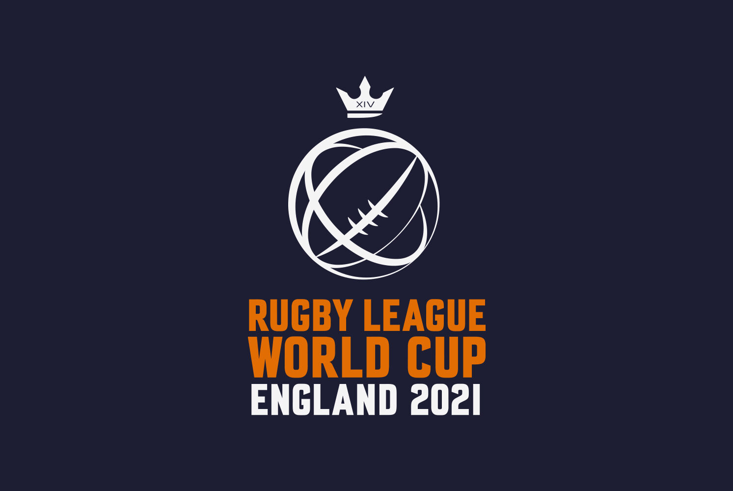 Rugby League World Cup 2021 logo. The logomark features the outline of a rugby ball placed within a circle. Its ellipse shape is mirrored within the circle to form a dynamic, globe-like structure. A small crown with the Roman numerals 'XIV' sit on top of this. Rugby League World Cup England 2021 is written underneath in white and orange all caps Enamela typeface.
