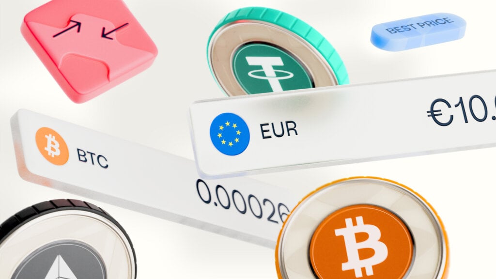 Venga crypto coins mock up. A range of coins is shown floating against a white background. Each coin type has a central circular colour - including orange, aqua, pink, blue, purple and black - which is also repeated along its edge. The centre circle contains the coin's icon and shortened name in white. Each coin type has its own subtle textured brand pattern.