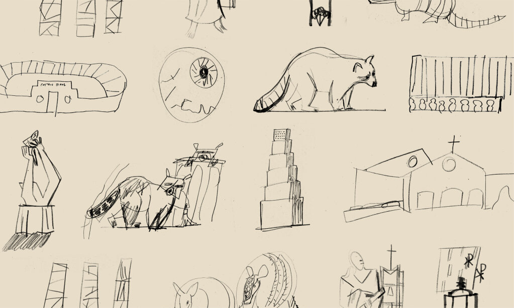 Dallas Museum of Art illustration. A abstract and figurative style of imperfect illustration featuring various landmarks, buildings, and cultural elements in black pen and ink on a warm cream background. The artwork includes churches, modern and historic architecture, animals, and symbolic imagery.