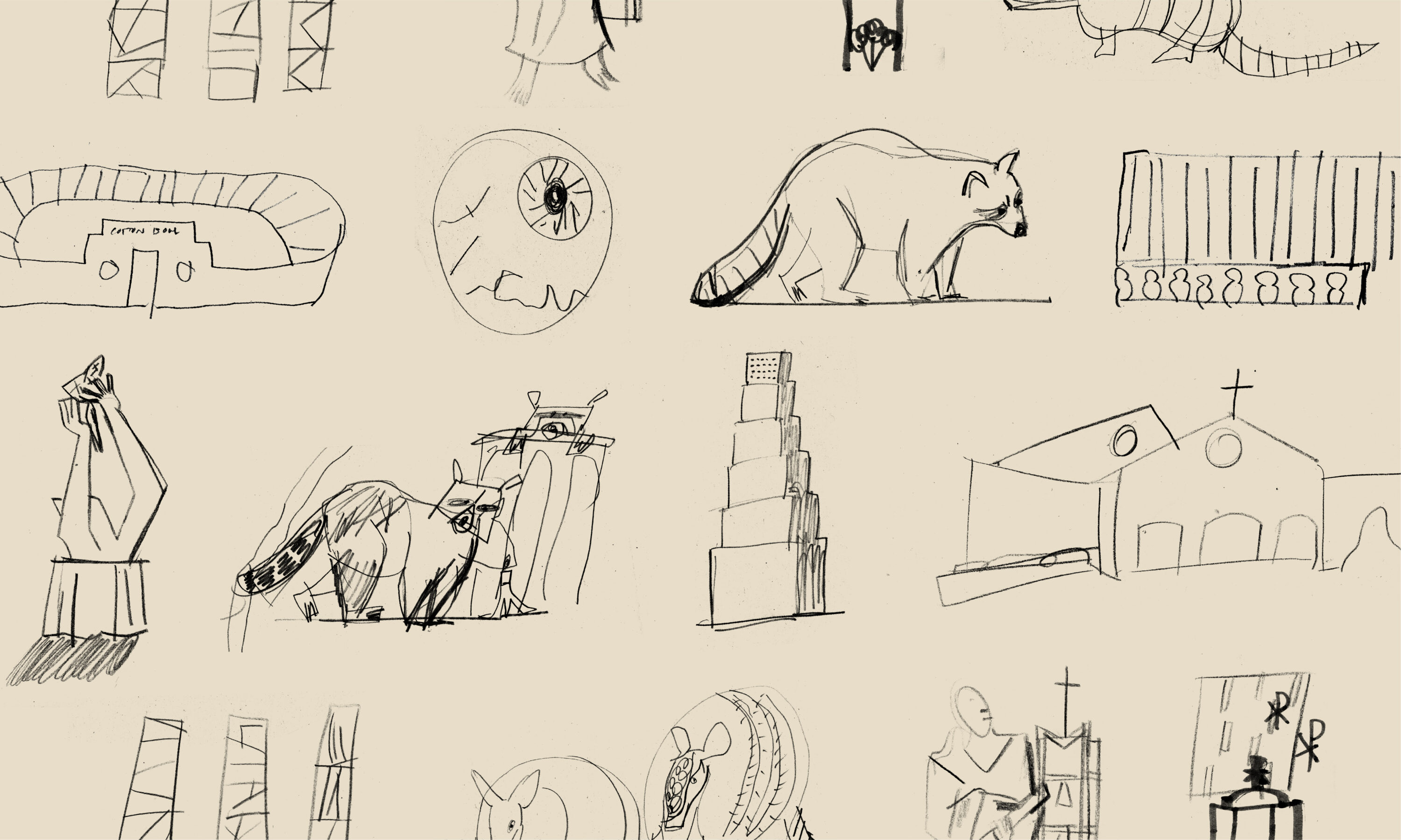 Dallas Museum of Art illustration. A abstract and figurative style of imperfect illustration featuring various landmarks, buildings, and cultural elements in black pen and ink on a warm cream background. The artwork includes churches, modern and historic architecture, animals, and symbolic imagery.