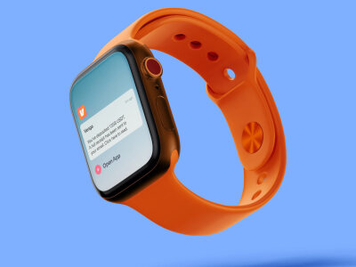 Venga smart watch notification mock up. The Venga logo is visible above the deposit notification. On the screen underneath there is a prompt to open the app. The watch strap is orange and the watch is floating against a blue background.