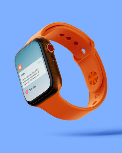 Venga smart watch notification mock up. The Venga logo is visible above the deposit notification. On the screen underneath there is a prompt to open the app. The watch strap is orange and the watch is floating against a blue background.