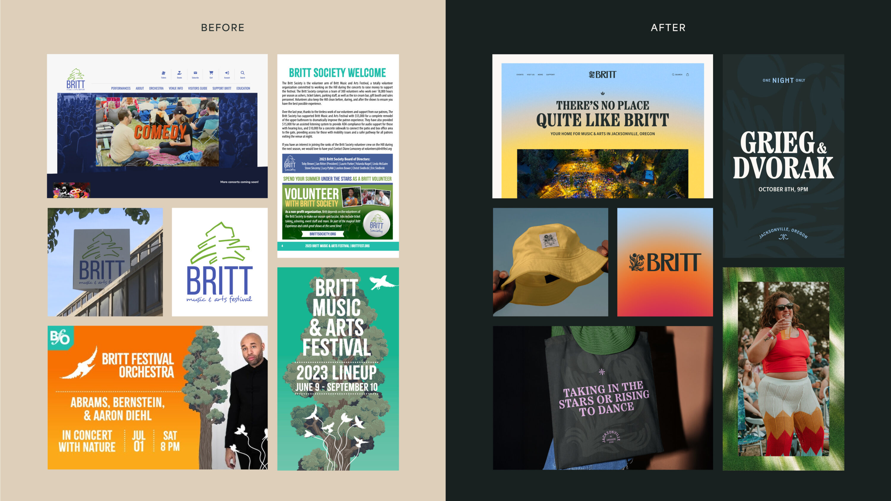 A before and after image of the Britt Music & Arts Festival brand identity. On the left is the before version, with the brand looking a little flat, sparse and not cohesive. On the right is the after version, with the new brand identity looking dynamic and engaging.