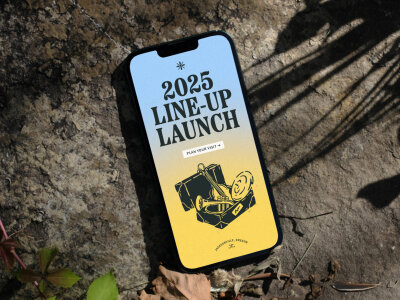 Image shows a mock up of the Britt website on mobile. It shows a gradient background of light blue fading into light yellow, with the text '2025 line up launch' in large type, and an illustration below. Illustration and type both look modern, whilst nodding to heritage design.