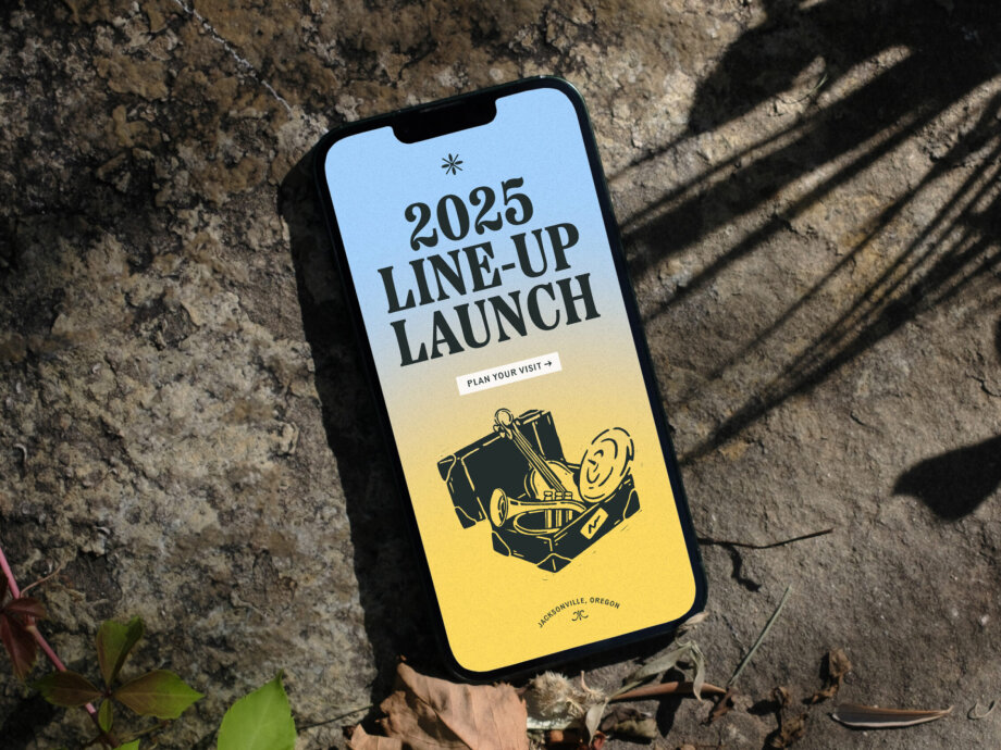 Image shows a mock up of the Britt website on mobile. It shows a gradient background of light blue fading into light yellow, with the text '2025 line up launch' in large type, and an illustration below. Illustration and type both look modern, whilst nodding to heritage design.