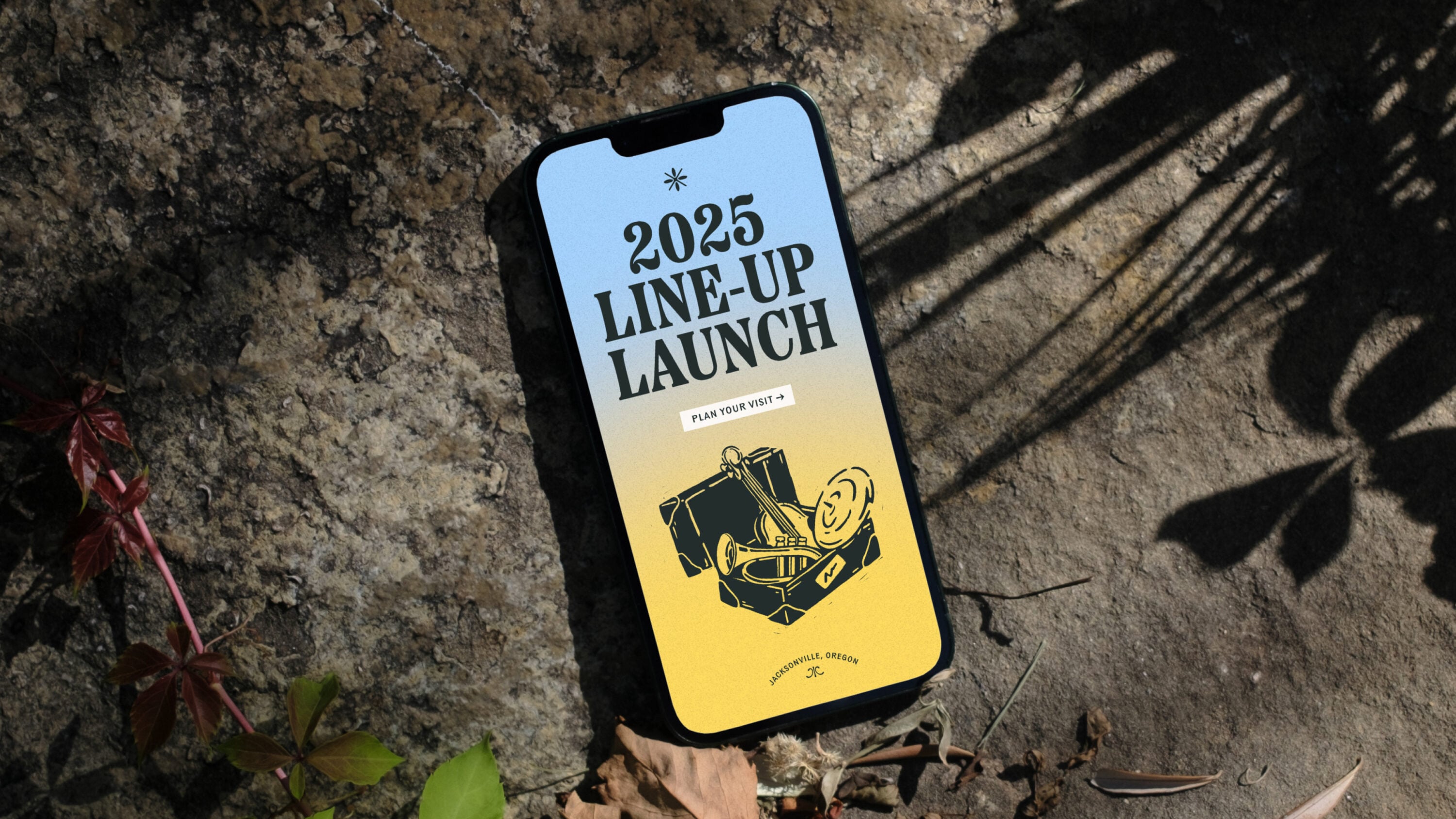 Image shows a mock up of the Britt website on mobile. It shows a gradient background of light blue fading into light yellow, with the text '2025 line up launch' in large type, and an illustration below. Illustration and type both look modern, whilst nodding to heritage design.