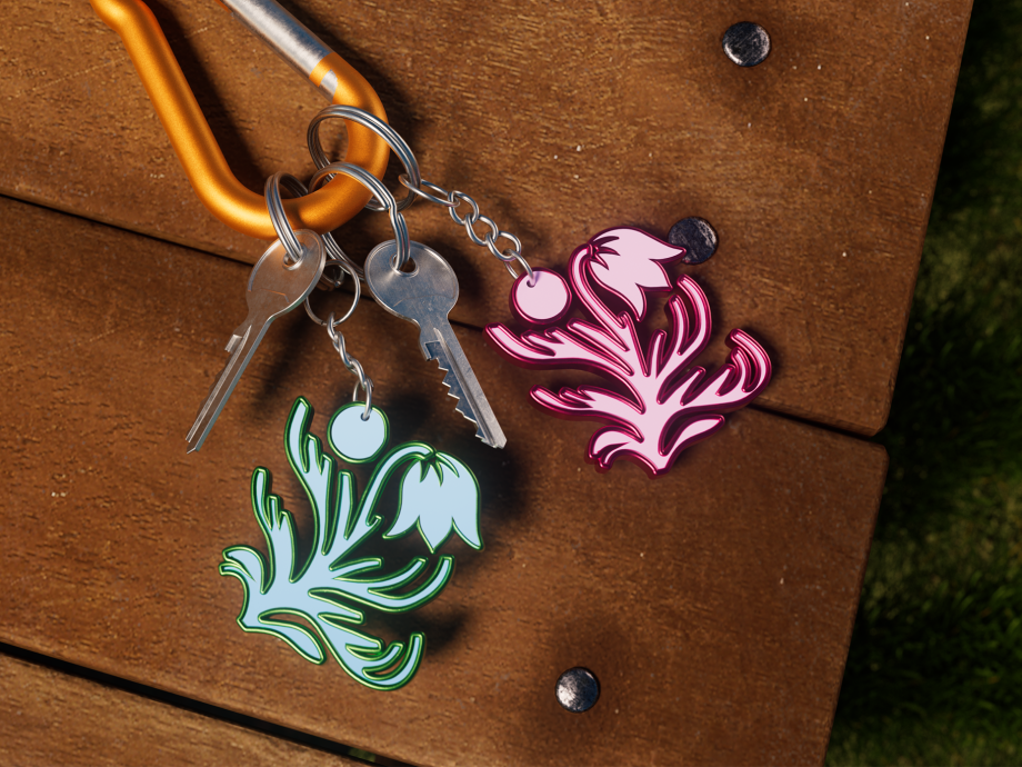 Image shows branded Britt merch as keyrings, using the fauna logo. There are two keyrings pictured, on in a green and one in a complimentary pink. These are laid on a wooden table, with grass in background.