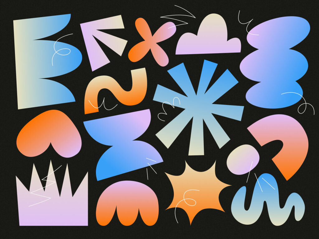 A colourful abstract composition of various geometric and organic shapes in gradient hues of blue, orange, pink, and purple, arranged against a black background with white squiggly lines interspersed