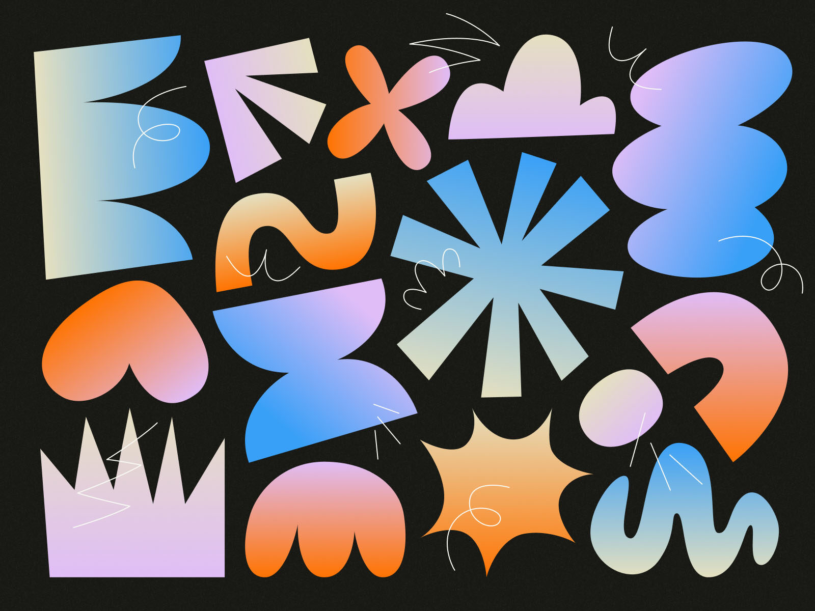 A colourful abstract composition of various geometric and organic shapes in gradient hues of blue, orange, pink, and purple, arranged against a black background with white squiggly lines interspersed