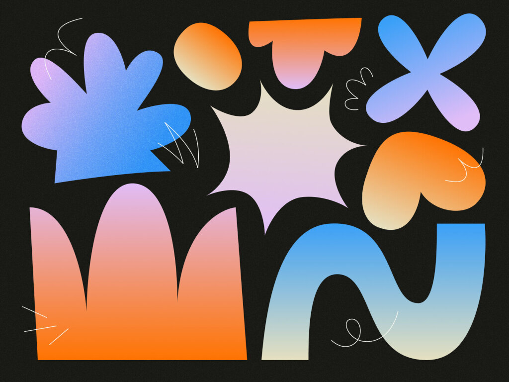 A colourful abstract composition of various geometric and organic shapes in gradient hues of blue, orange, pink, and purple, arranged against a black background with white squiggly lines interspersed