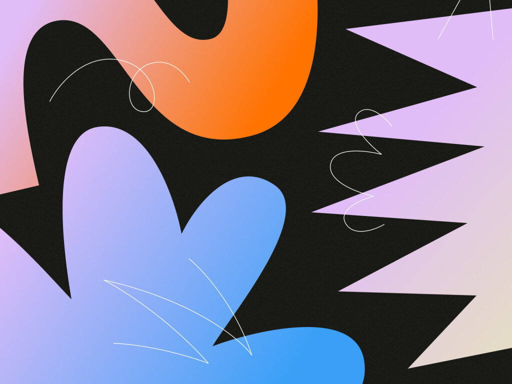 A colorful abstract composition of various geometric and organic shapes in gradient hues of blue, orange, pink, and purple, arranged against a black background with white squiggly lines interspersed