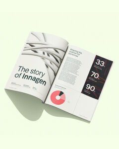 Open magazine spread with clean, minimal design. The layout uses a soft pastel green background and structured grid alignment for a contemporary, scientific aesthetic.