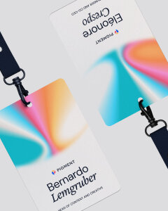Lanyard of Pigment team member Bernardo Lemgruber with new Pigment AI branding by design agency Fiasco