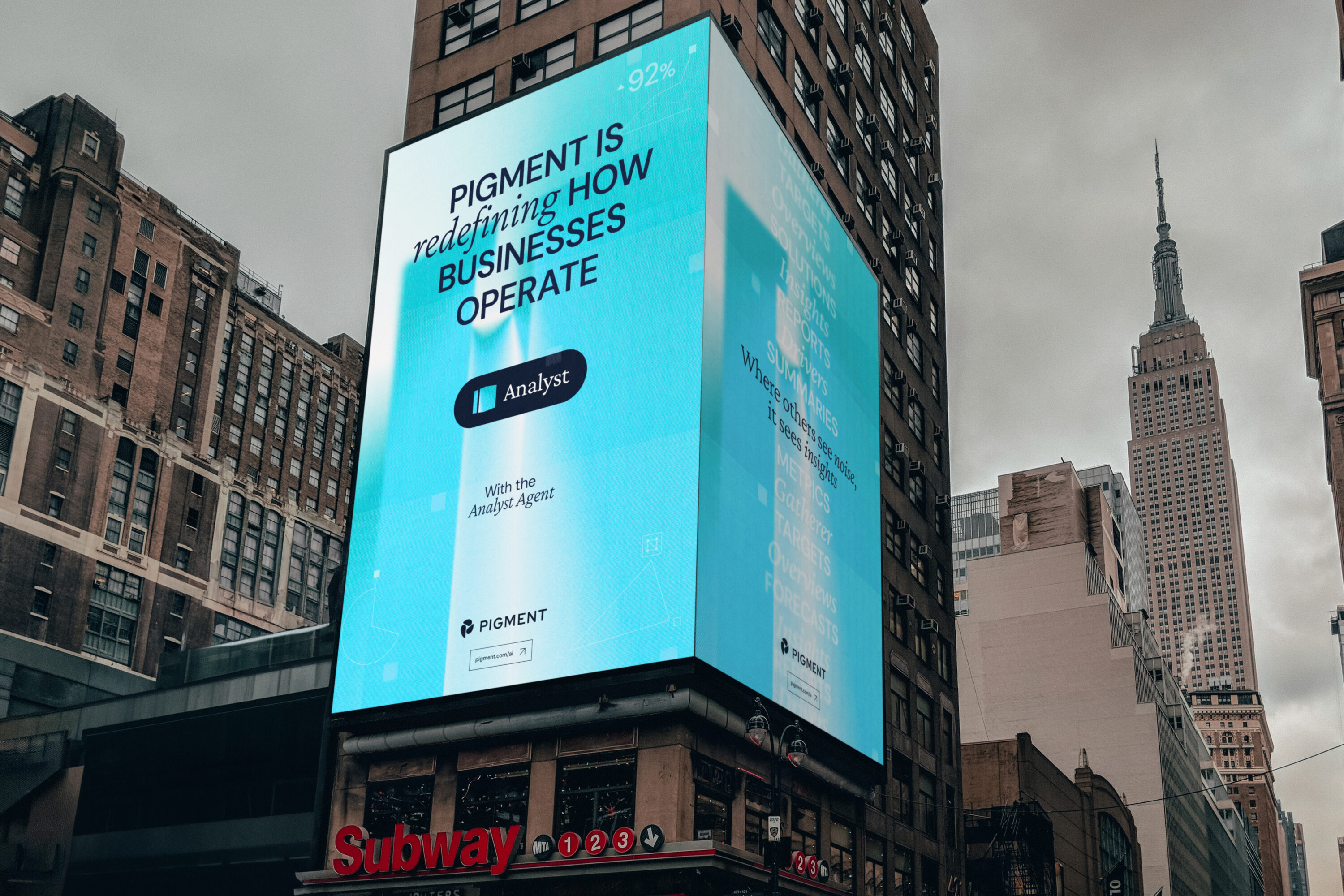 Times Square Digital Out of Home screen for Pigment AI by design studio Fiasco, in blue, with line 'Pigment is redefining how businesses operate'