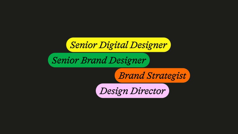Image shows a black background with 4 smaller images of Fiasco's work and the text 'senior brand designer' 'senior digital designer' 'design director' and 'brand strategist' in coloured shapes using the Fiasco branding